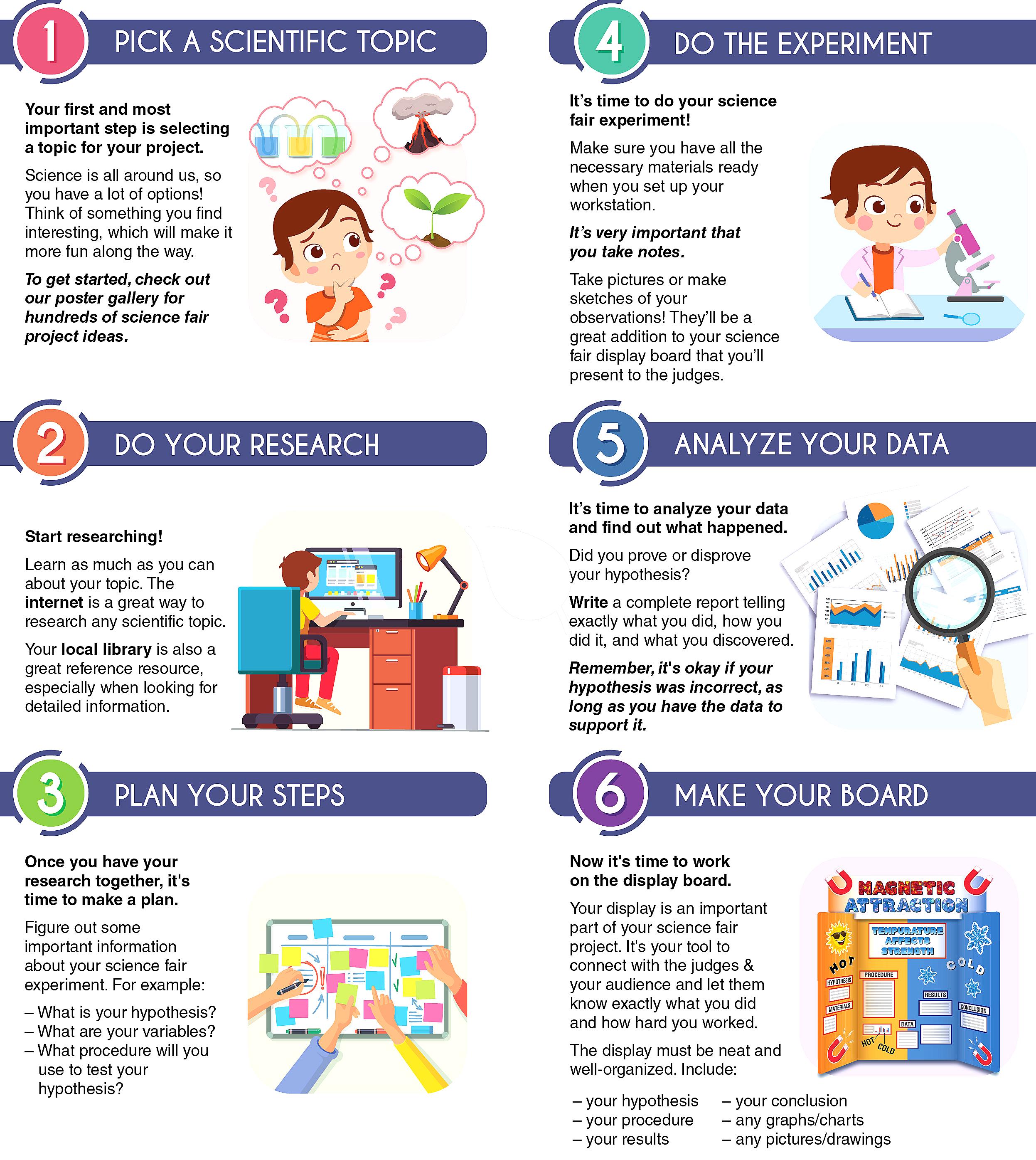 Infographic showing steps to prepare for a science fair