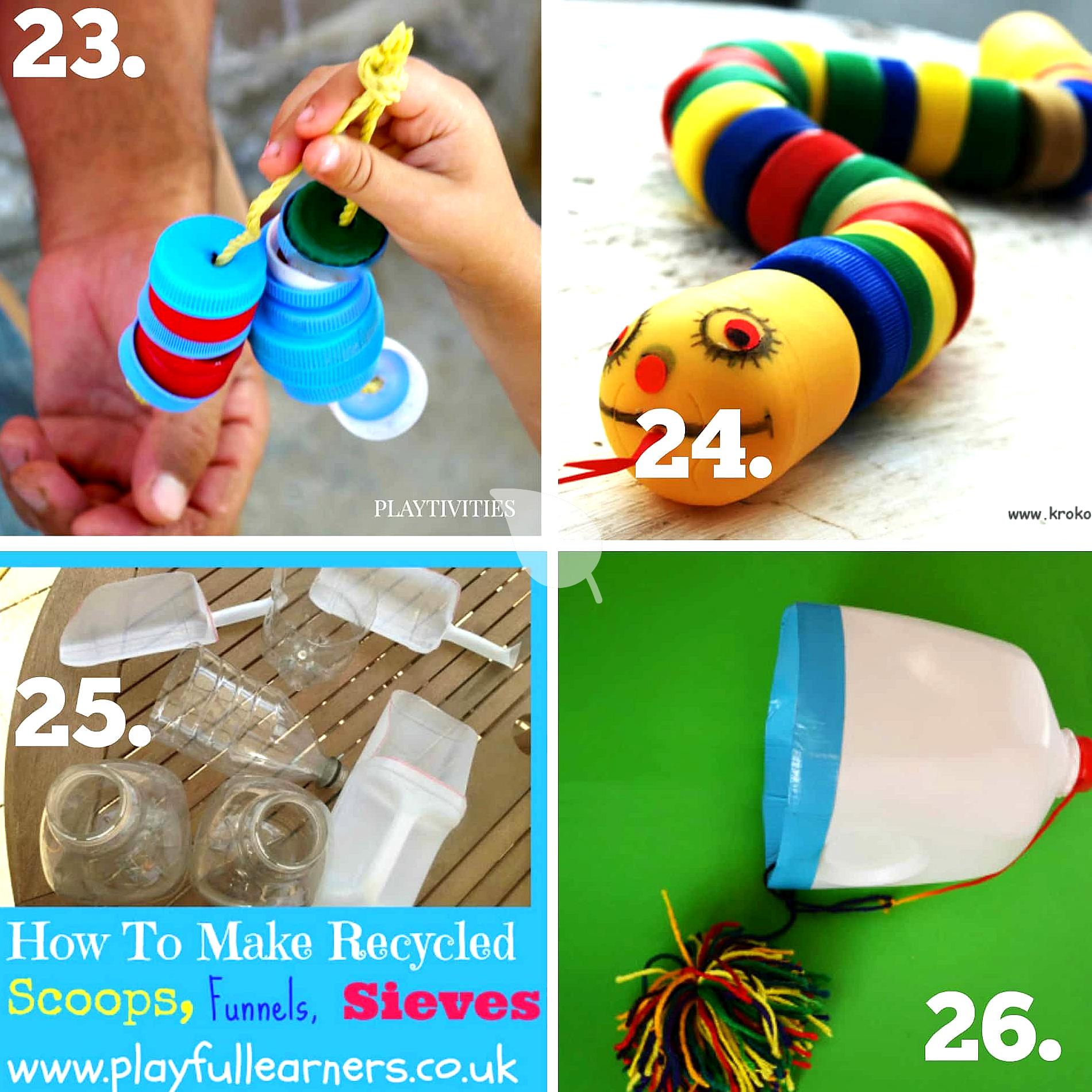 Completed DIY toy projects from recycled materials