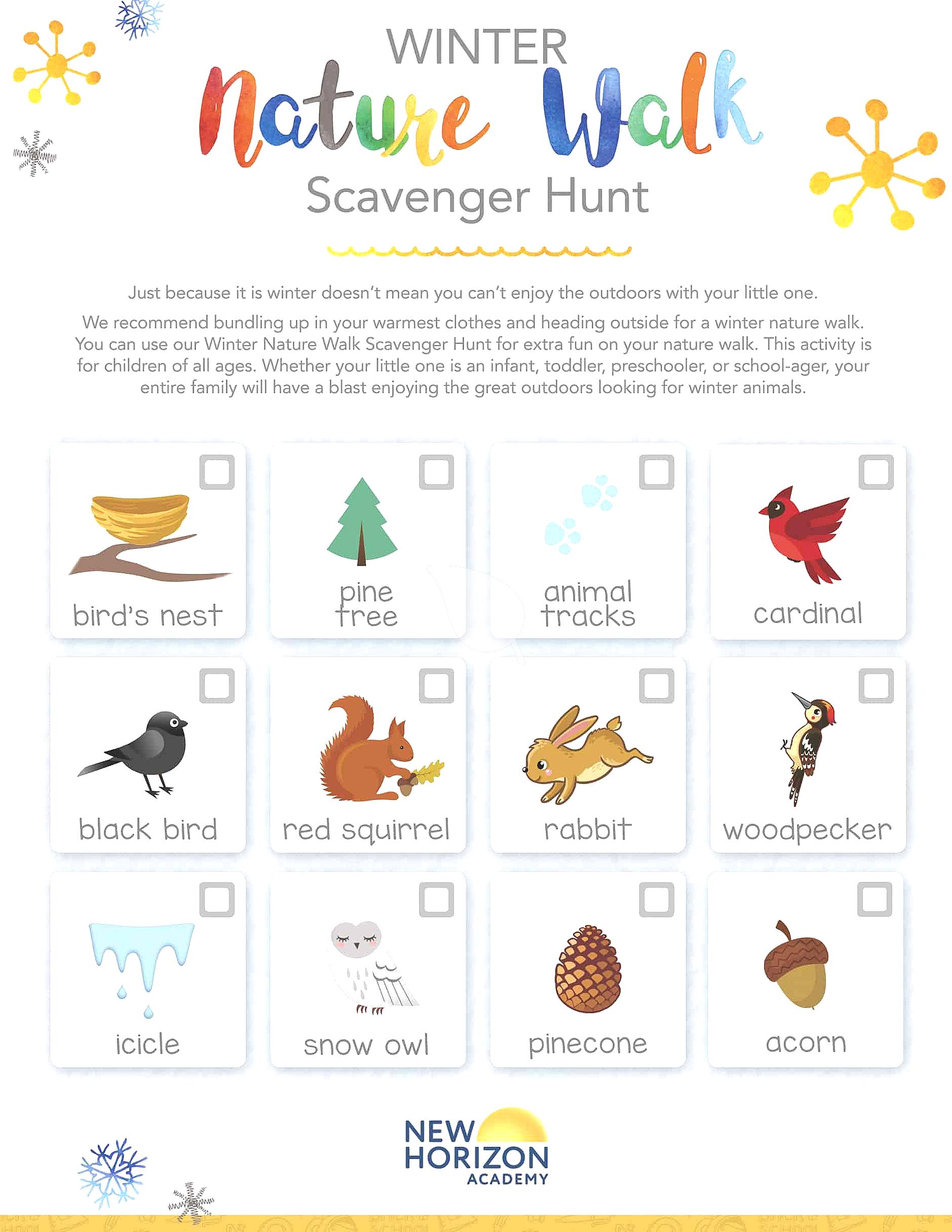 Children finding items during a winter scavenger hunt